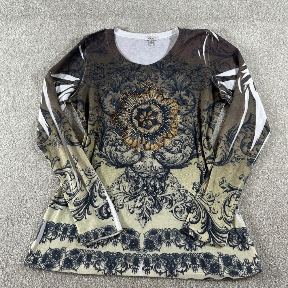 Vtg Y2k Boho Cache Womens size XL Long Sleeve Baroque Ombre Sequin Medallion Top